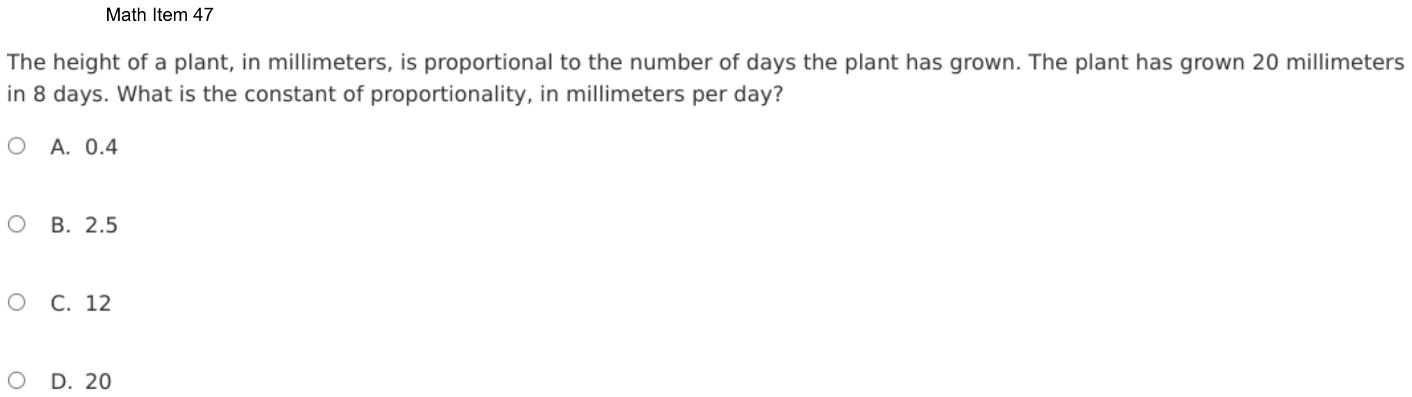Question 47 as shown on the DOE’s digital test, page 120 of its printable version.
