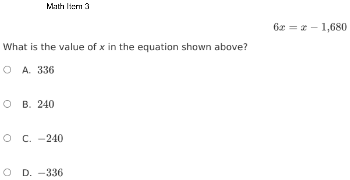 Question 3 as shown on the DOE’s digital test, page 76 of its printable version.