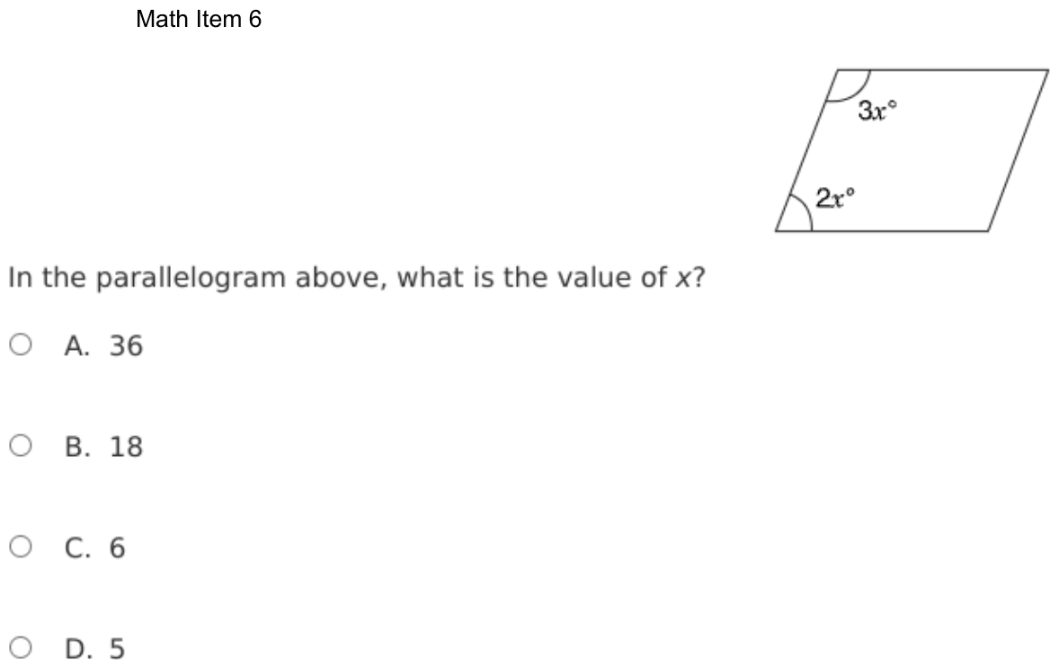 Question 6 as shown on the DOE’s digital test, page 79 of its printable version.