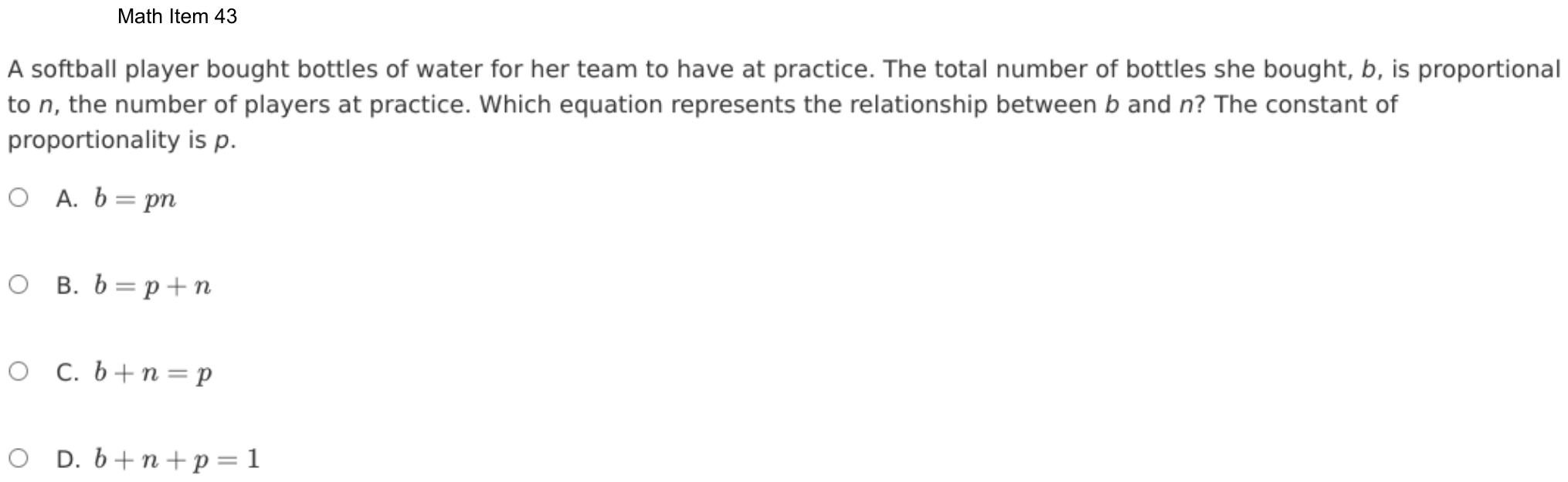Question 43 as shown on the DOE’s digital test, page 116 of its printable version.
