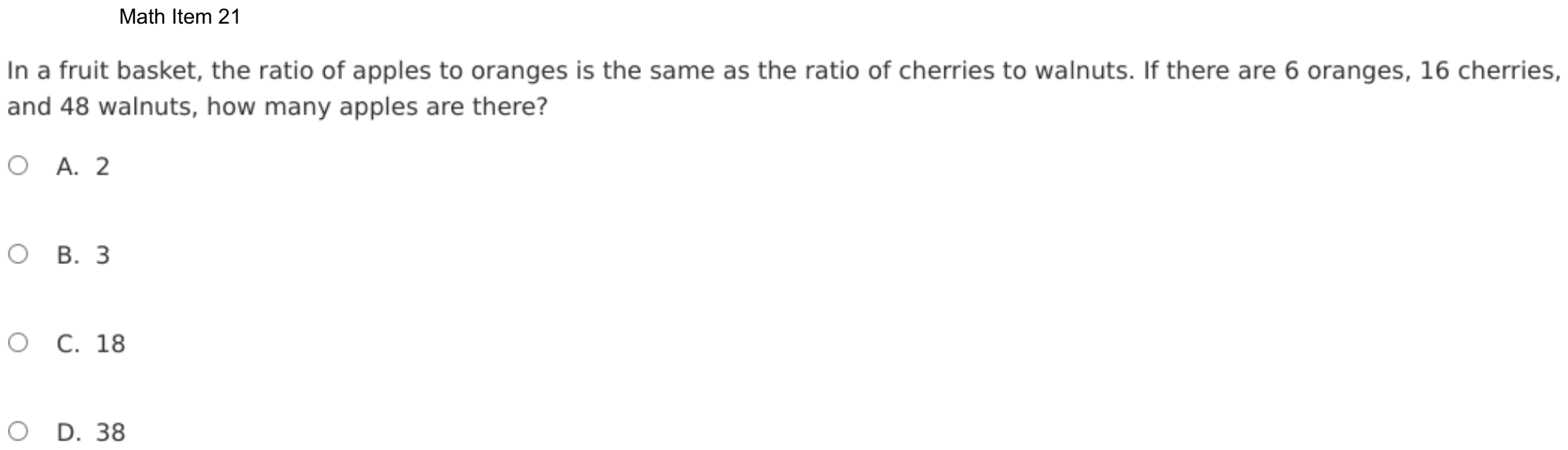 Question 21 as shown on the DOE’s digital test, page 94 of its printable version.