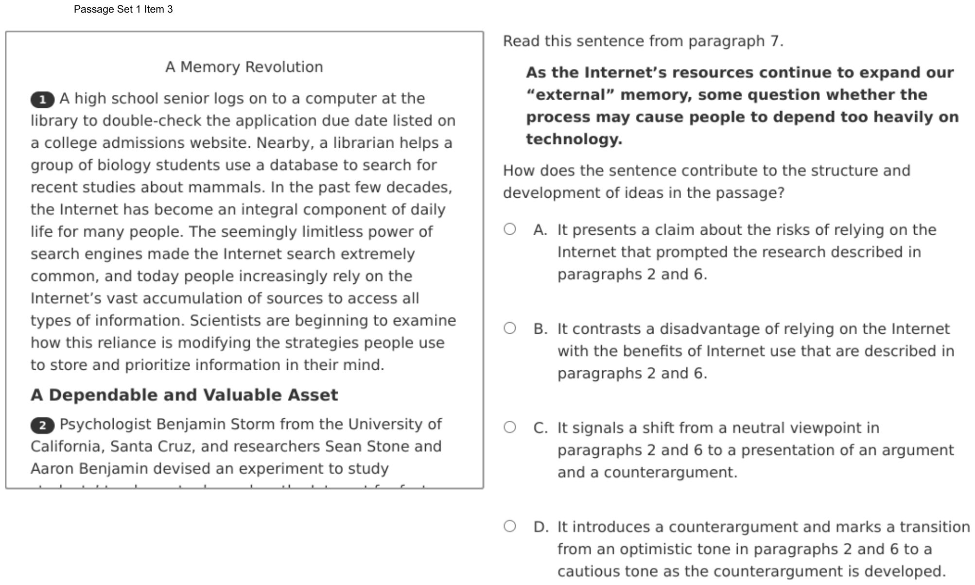 Question 3 as shown on the DOE’s digital test, page 7 of its printable version.