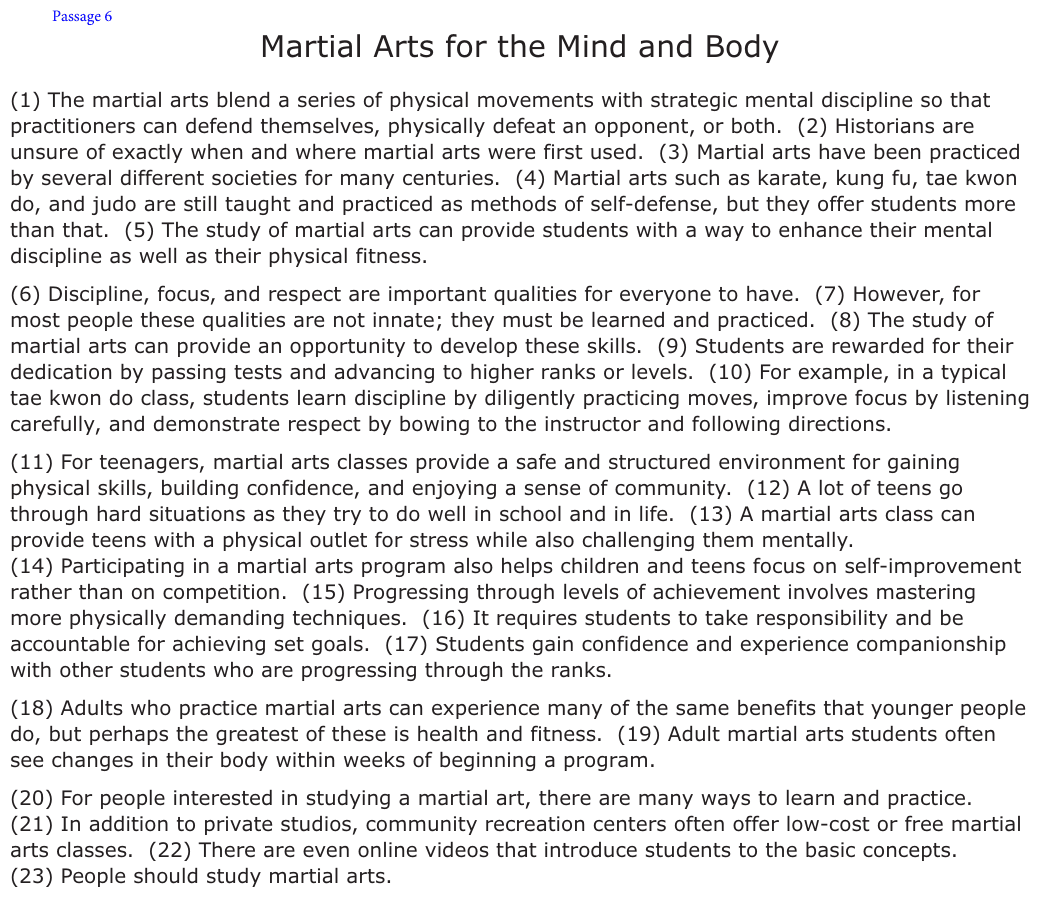 The passage “Martial Arts for the Mind and Body” as printed on page 52 of the DOE handbook.