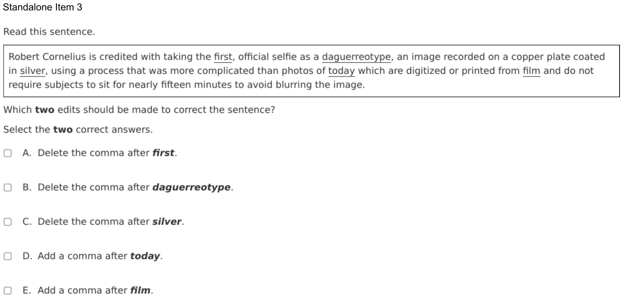 Question 49 as shown on the DOE’s digital test, page 71 of its printable version.
