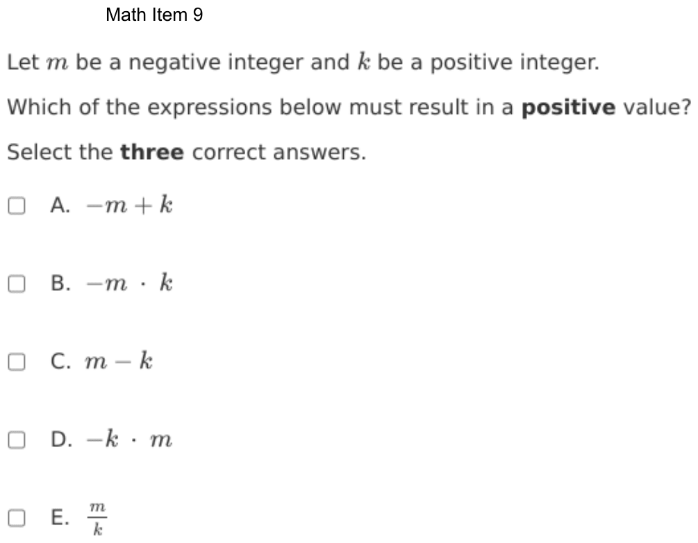 Question 9 as shown on the DOE’s digital test, page 82 of its printable version.