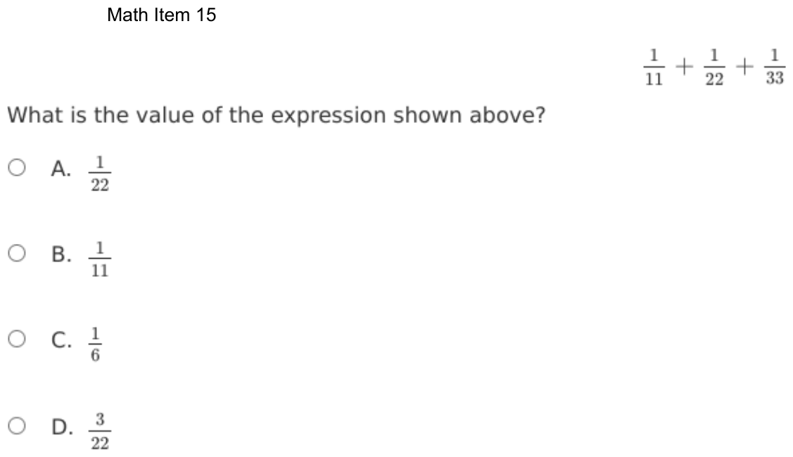 Question 15 as shown on the DOE’s digital test, page 88 of its printable version.