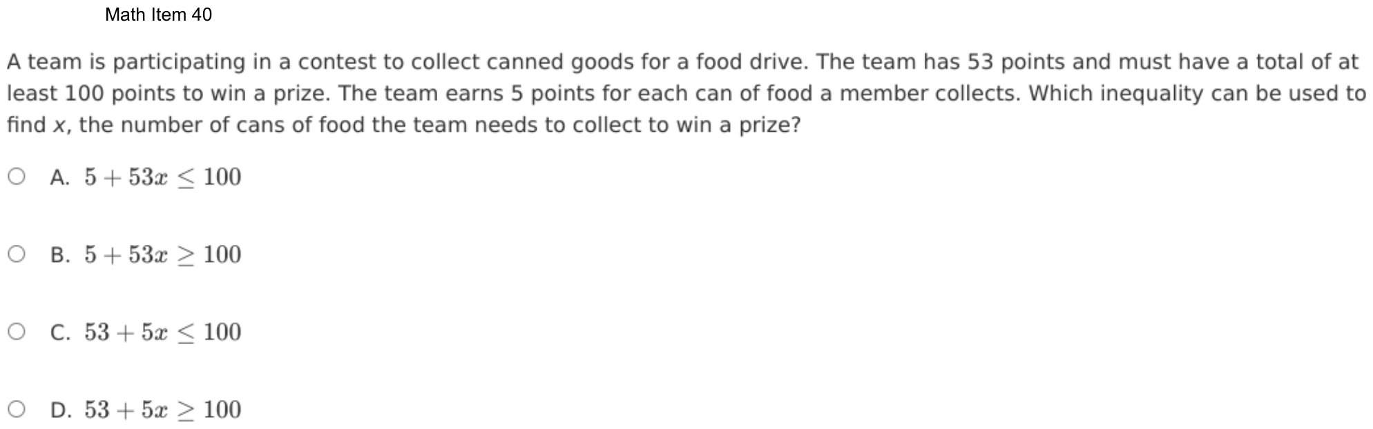 Question 40 as shown on the DOE’s digital test, page 113 of its printable version.