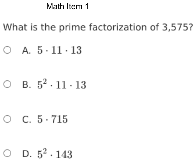 Question 1 as shown on the DOE’s digital test, page 74 of its printable version.