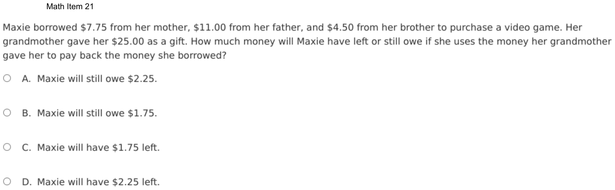 Question 21 as shown on the DOE’s digital test, page 94 of its printable version.