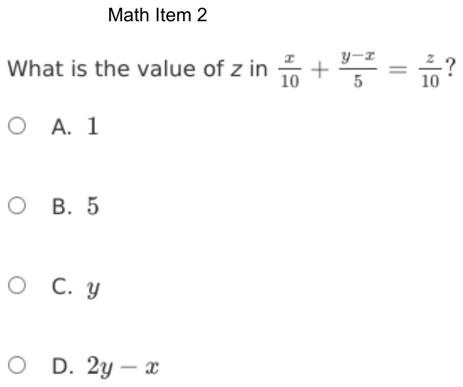 Question 2 as shown on the DOE’s digital test, page 75 of its printable version.