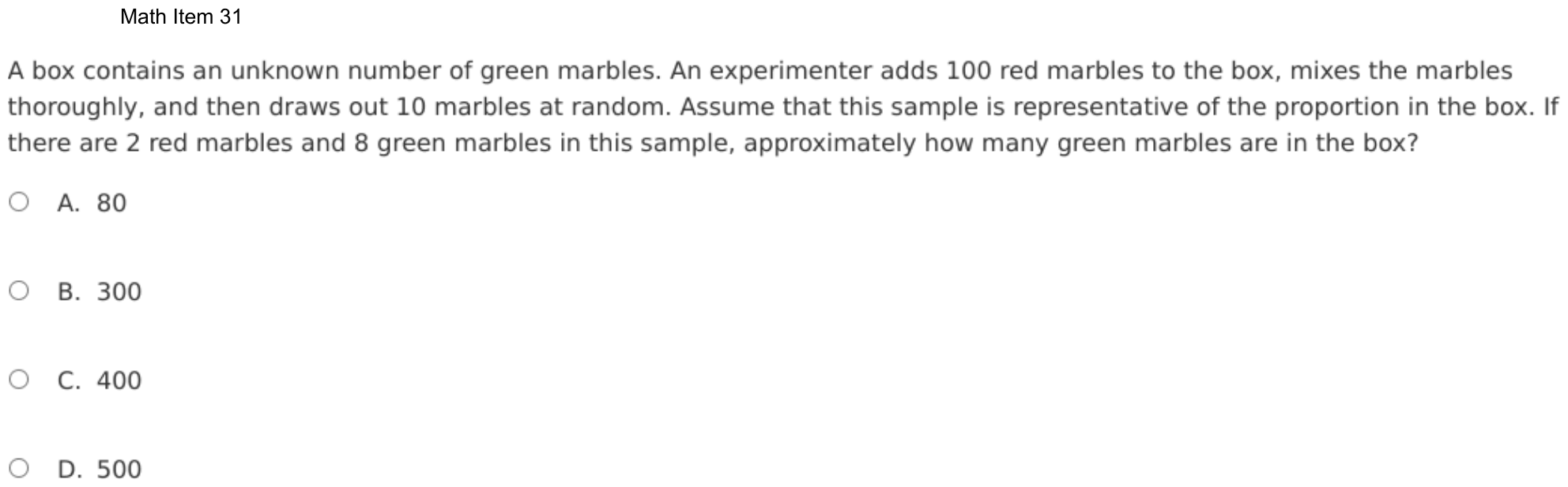 Question 31 as shown on the DOE’s digital test, page 104 of its printable version.