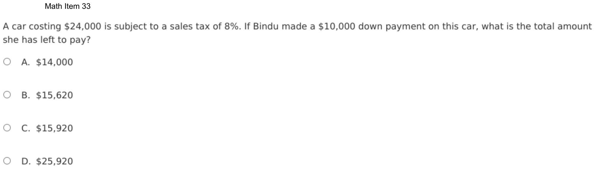 Question 33 as shown on the DOE’s digital test, page 106 of its printable version.