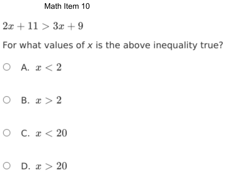 Question 10 as shown on the DOE’s digital test, page 83 of its printable version.