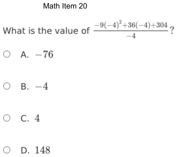 Question 20 as shown on the DOE’s digital test, page 93 of its printable version.